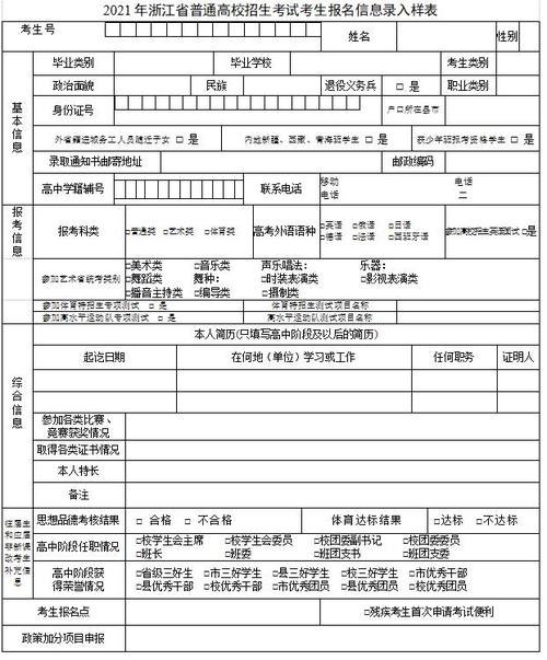 2021年浙江普通高校招生考试报名信息录入样表