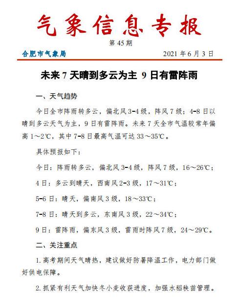 2021年合肥高考天气 2021年合肥高考天气预报